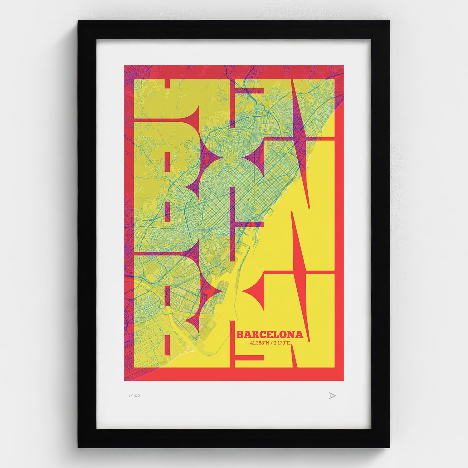 Lámina tipográfica de Barcelona – diseño Inseparable, marco negro