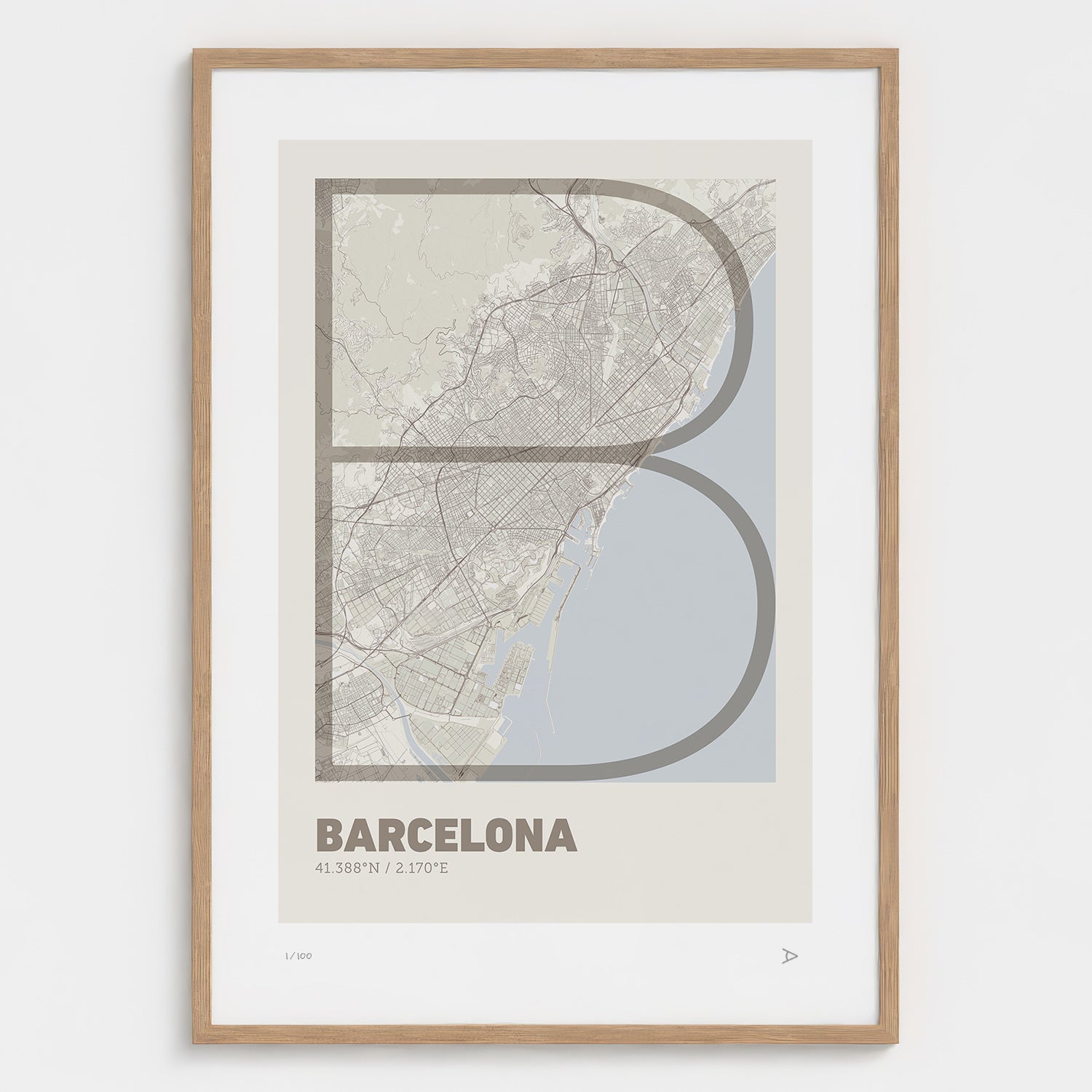 Lámina tipográfica de Barcelona – diseño Ultrafina, marco de madera natural