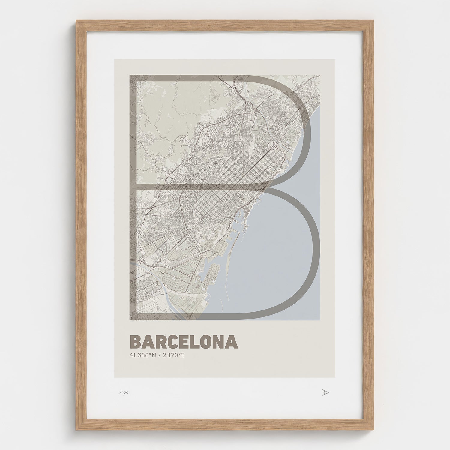 Lámina tipográfica de Barcelona – diseño Ultrafina, marco de madera natural
