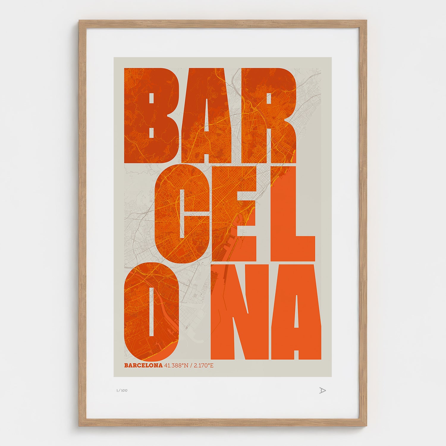 Lámina tipográfica de Barcelona – diseño Revoltosa, marco de madera natural