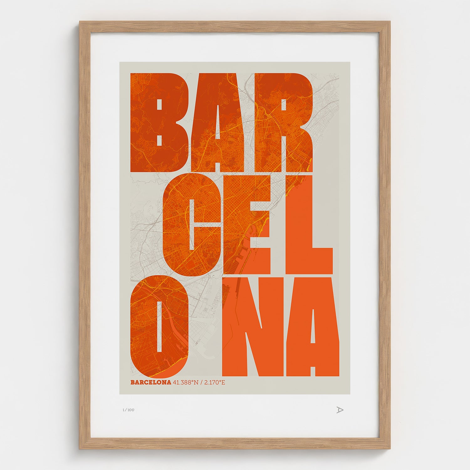 Lámina tipográfica de Barcelona – diseño Revoltosa, marco de madera natural