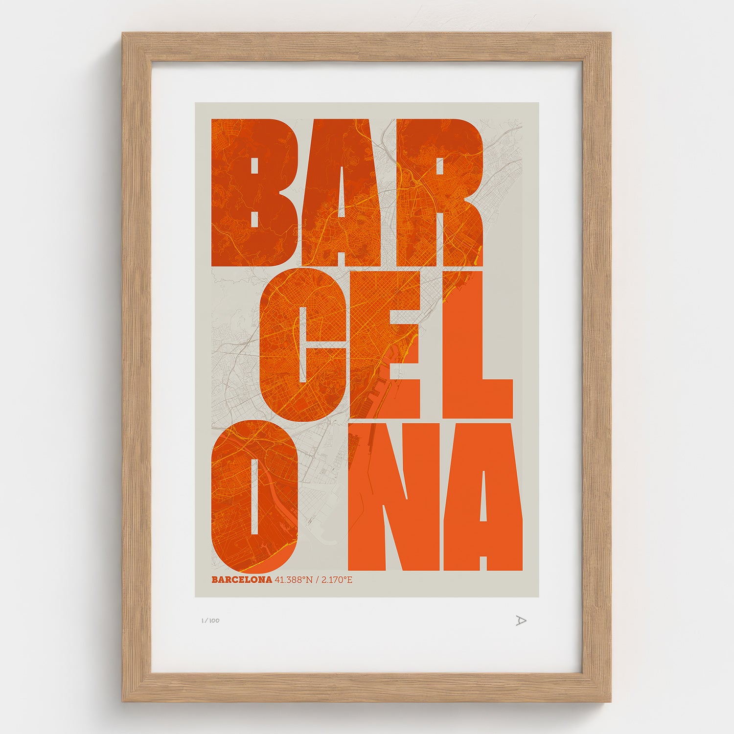 Lámina tipográfica de Barcelona – diseño Revoltosa, marco de madera natural