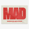 Decorative print of Madrid composed with letters in a heavy geometric font printed on red and an off-white background