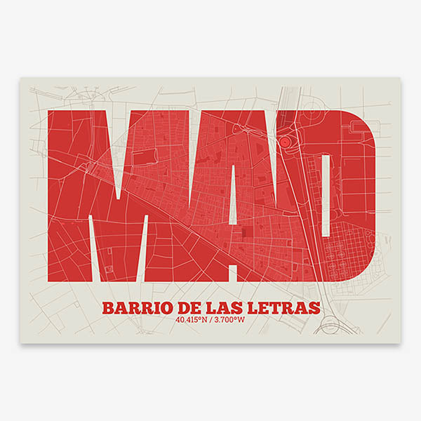 Decorative print of Madrid composed with letters in a heavy geometric font printed on red and an off-white background