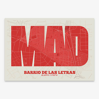 Decorative print of Madrid composed with letters in a heavy geometric font printed on red and an off-white background