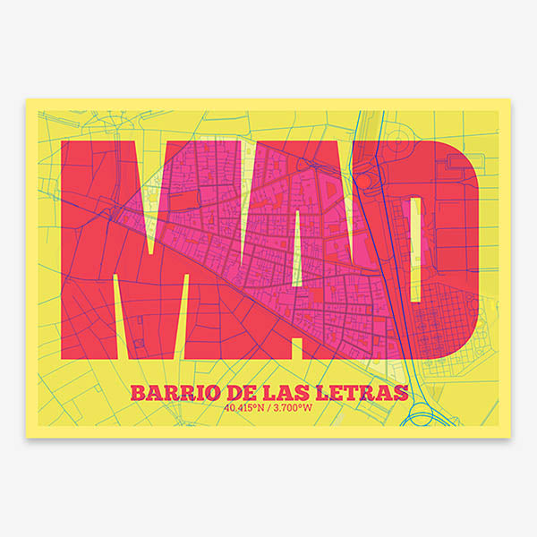 Decorative print of Madrid composed with letters in a heavy geometric font printed on yellow and fuchsia