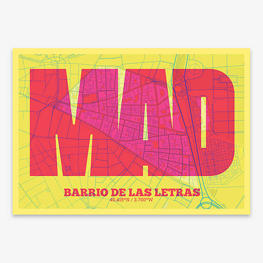 Decorative print of Madrid composed with letters in a heavy geometric font printed on yellow and fuchsia