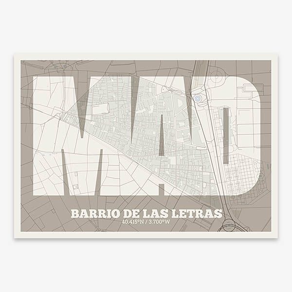 Decorative print of Madrid composed with letters in a heavy geometric font printed on light brown and an off-white background