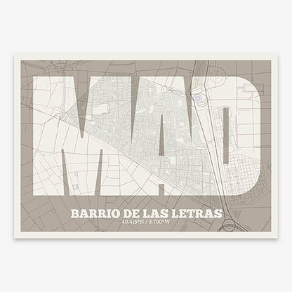 Decorative print of Madrid composed with letters in a heavy geometric font printed on light brown and an off-white background