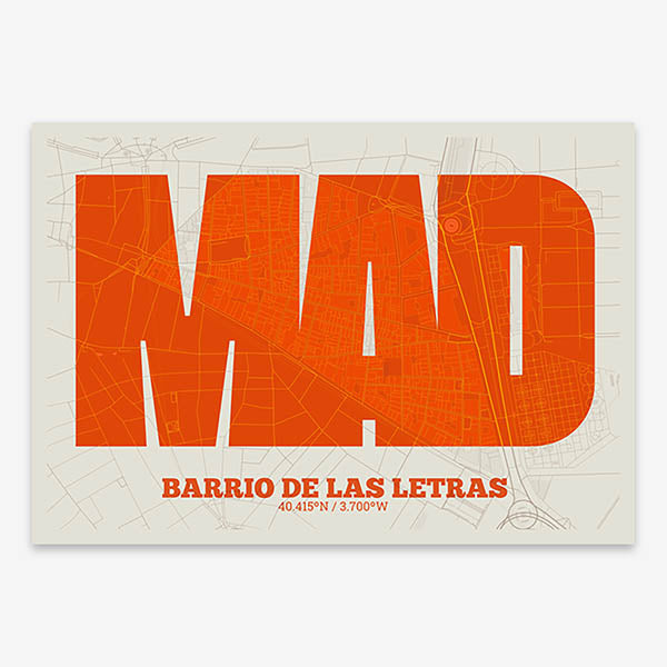 Decorative print of Madrid composed with letters in a heavy geometric font printed on orange and an off-white background