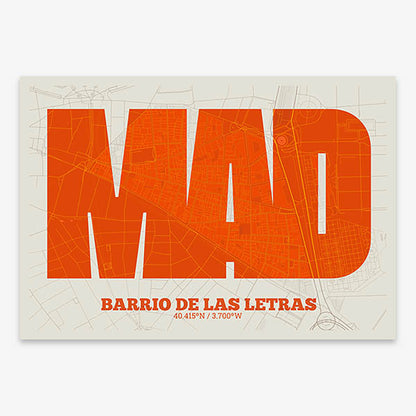 Decorative print of Madrid composed with letters in a heavy geometric font printed on orange and an off-white background