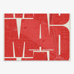 Poster of Madrid composed with letters from its abbreviation or its airport IATA code printed on red and an off-white background