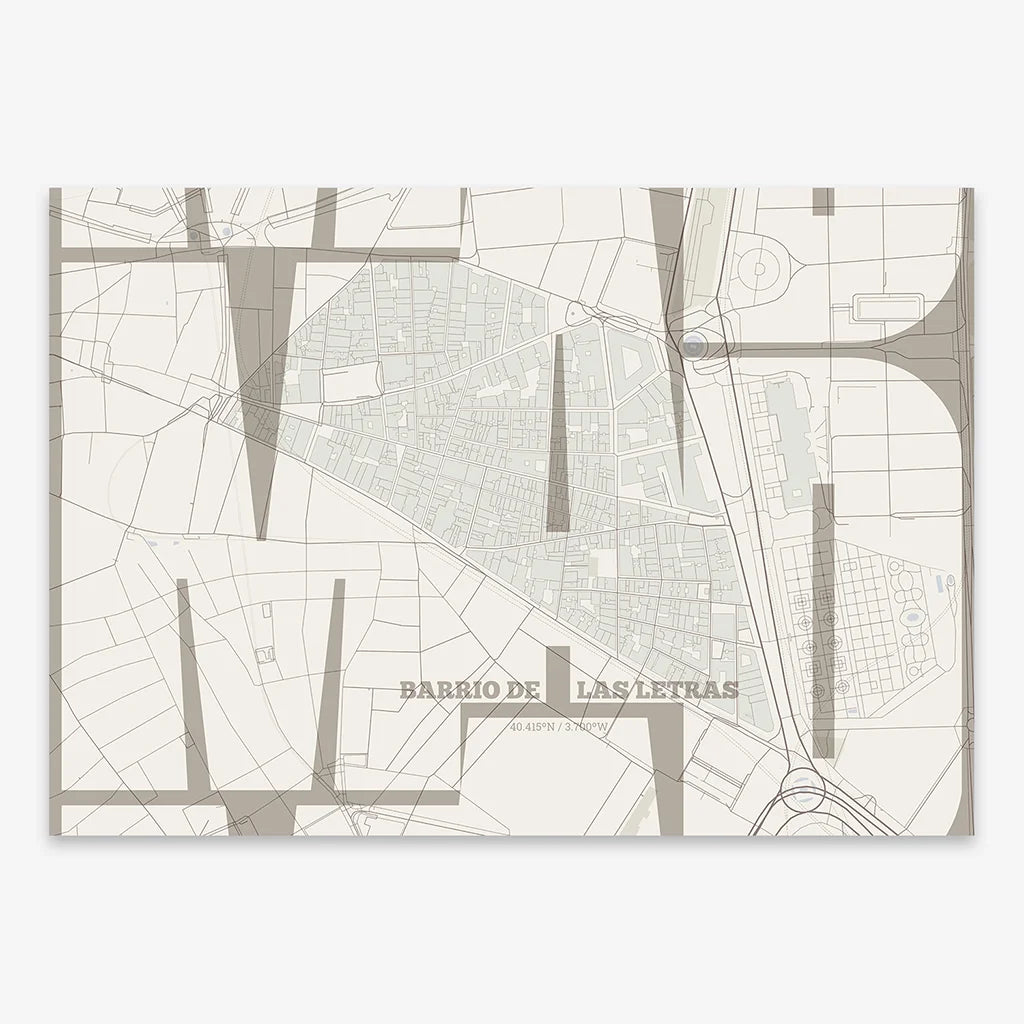 Poster of Madrid composed with letters from its abbreviation or its airport IATA code printed on light brown and an off-white background