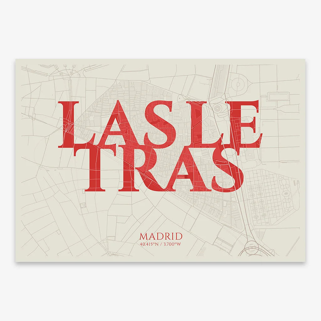 Decorative map of Madrid composed with letters in serif font printed on red and an off-white background