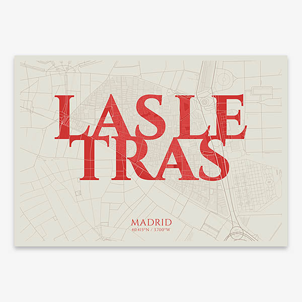 Decorative map of Madrid composed with letters in serif font printed on red and an off-white background