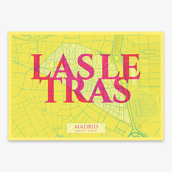 Decorative map of Madrid composed with letters in serif font printed on yellow and fuchsia