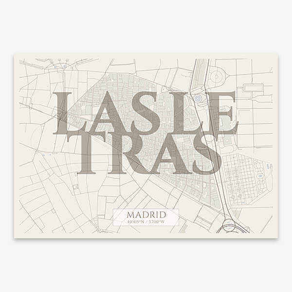 Decorative map of Madrid composed with letters in serif font printed on light brown and an off-white background