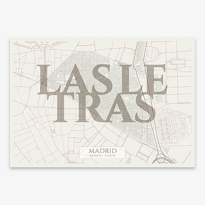 Decorative map of Madrid composed with letters in serif font printed on light brown and an off-white background
