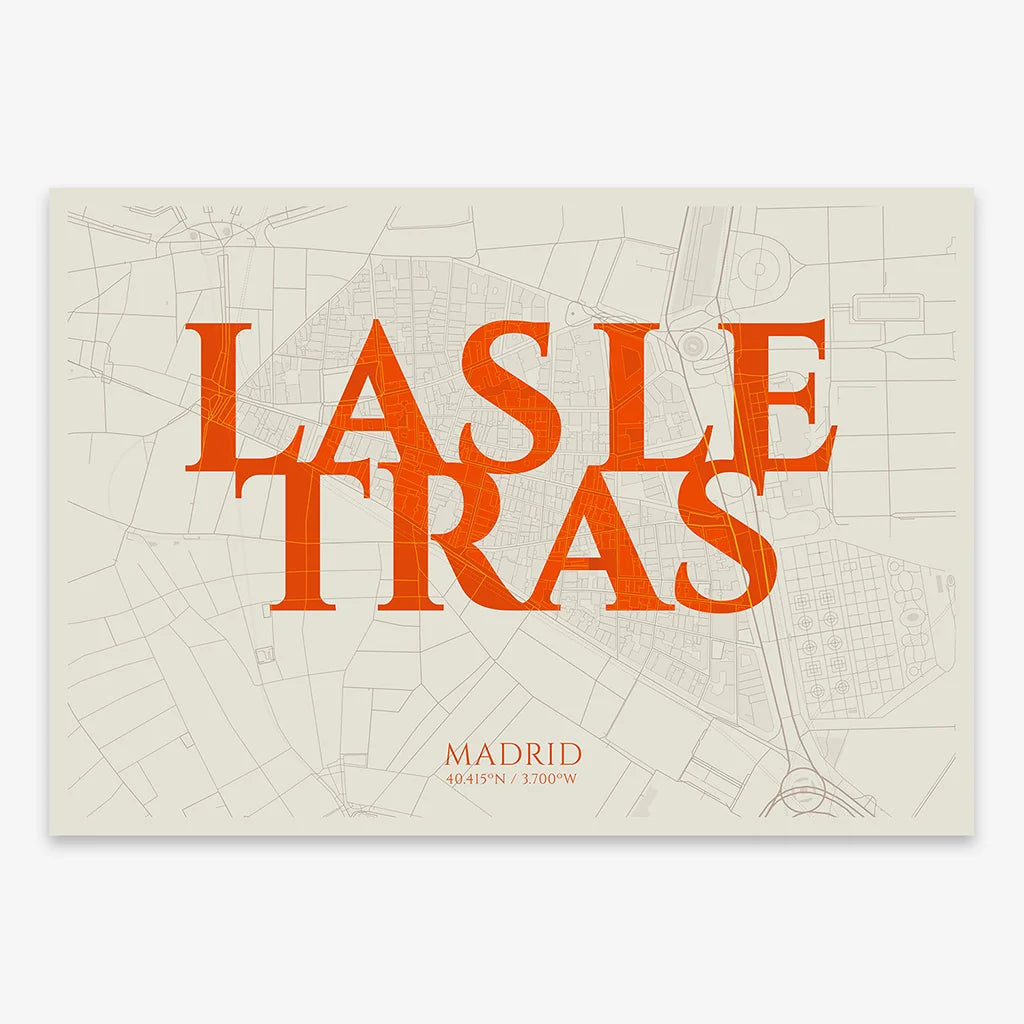 Decorative map of Madrid composed with letters in serif font printed on orange and an off-white background