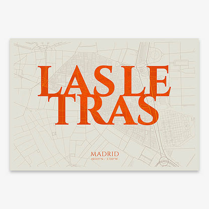 Decorative map of Madrid composed with letters in serif font printed on orange and an off-white background