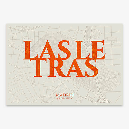 Decorative map of Madrid composed with letters in serif font printed on orange and an off-white background