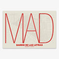 Poster of Madrid composed with letters in extra light font printed on red and an off-white background