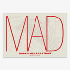 Poster of Madrid composed with letters in extra light font printed on red and an off-white background
