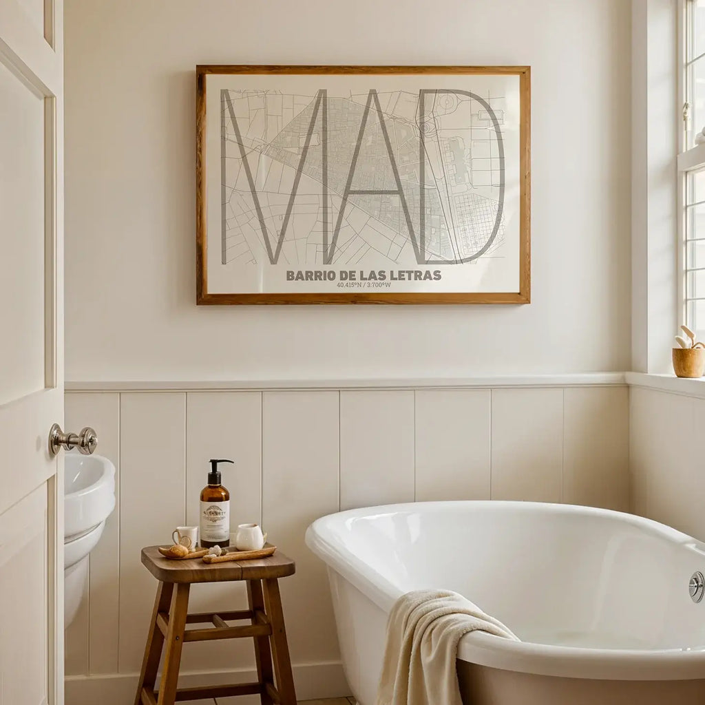 Modern interior design with a Barrio de Las Letras in Ultralight design, a minimalist aesthetic combining urban cartography with modern, extra-thin elegant lettering designed in light brown and an off-white background, displayed on a living room wall