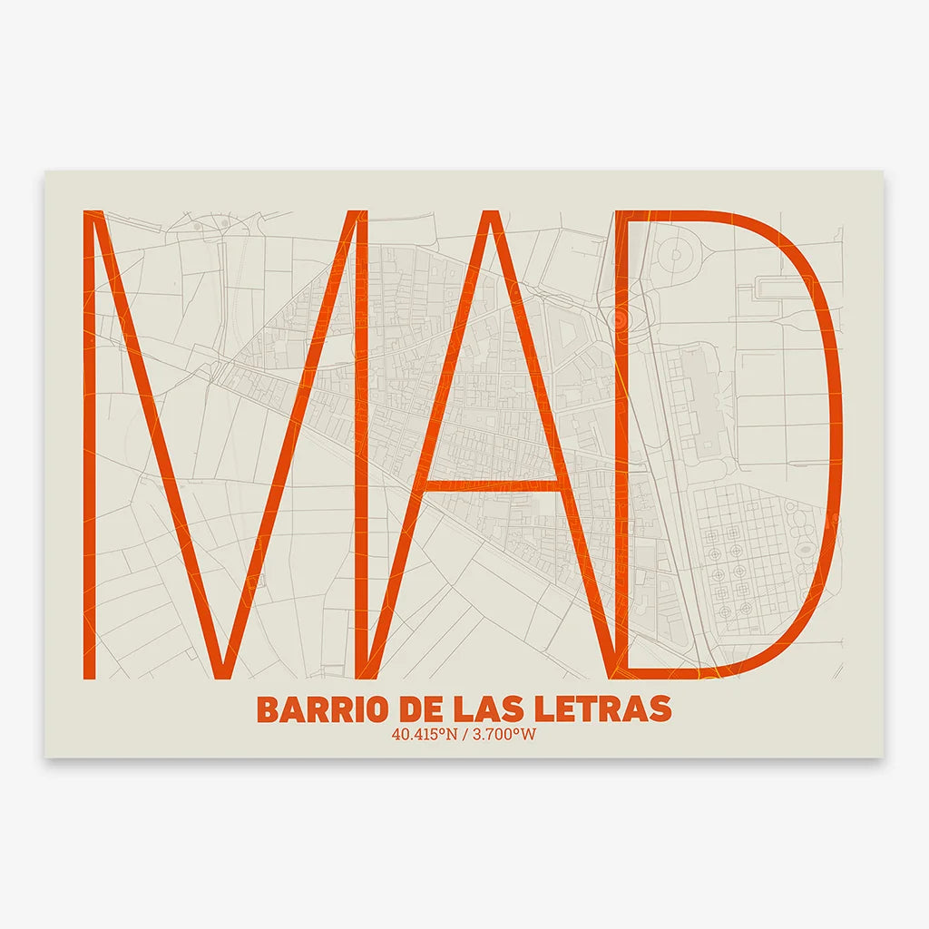 Poster of Madrid composed with letters in extra light font printed on orange and an off-white background