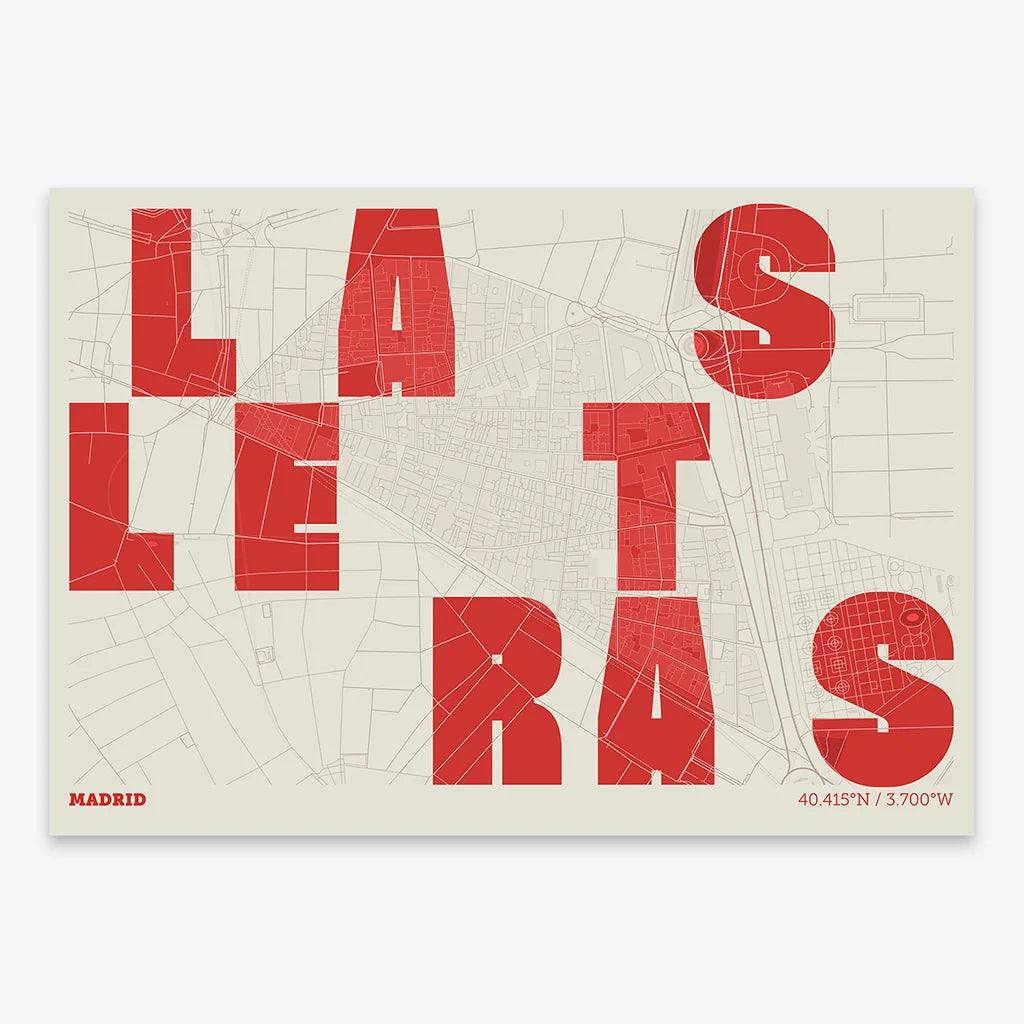 Decorative print of Madrid with letters of its name placed randomly, designed in red and an off-white background