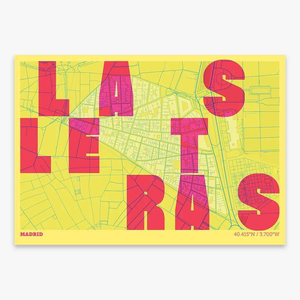 Decorative print of Madrid with letters of its name placed randomly, designed in yellow and fuchsia