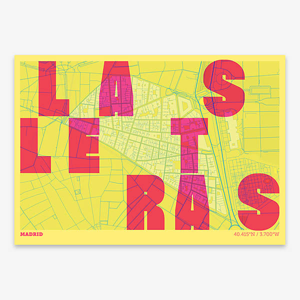 Decorative print of Madrid with letters of its name placed randomly, designed in yellow and fuchsia