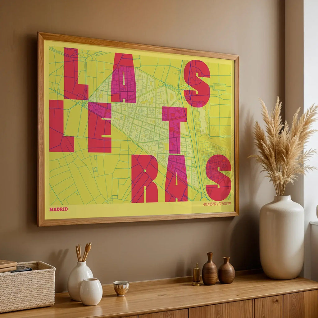 Modern interior design with a Barrio de Las Letras in Unruled design, where the city name letters appear randomly across different lines for a truly original urban layout designed in yellow and fuchsia, displayed on a living room wall