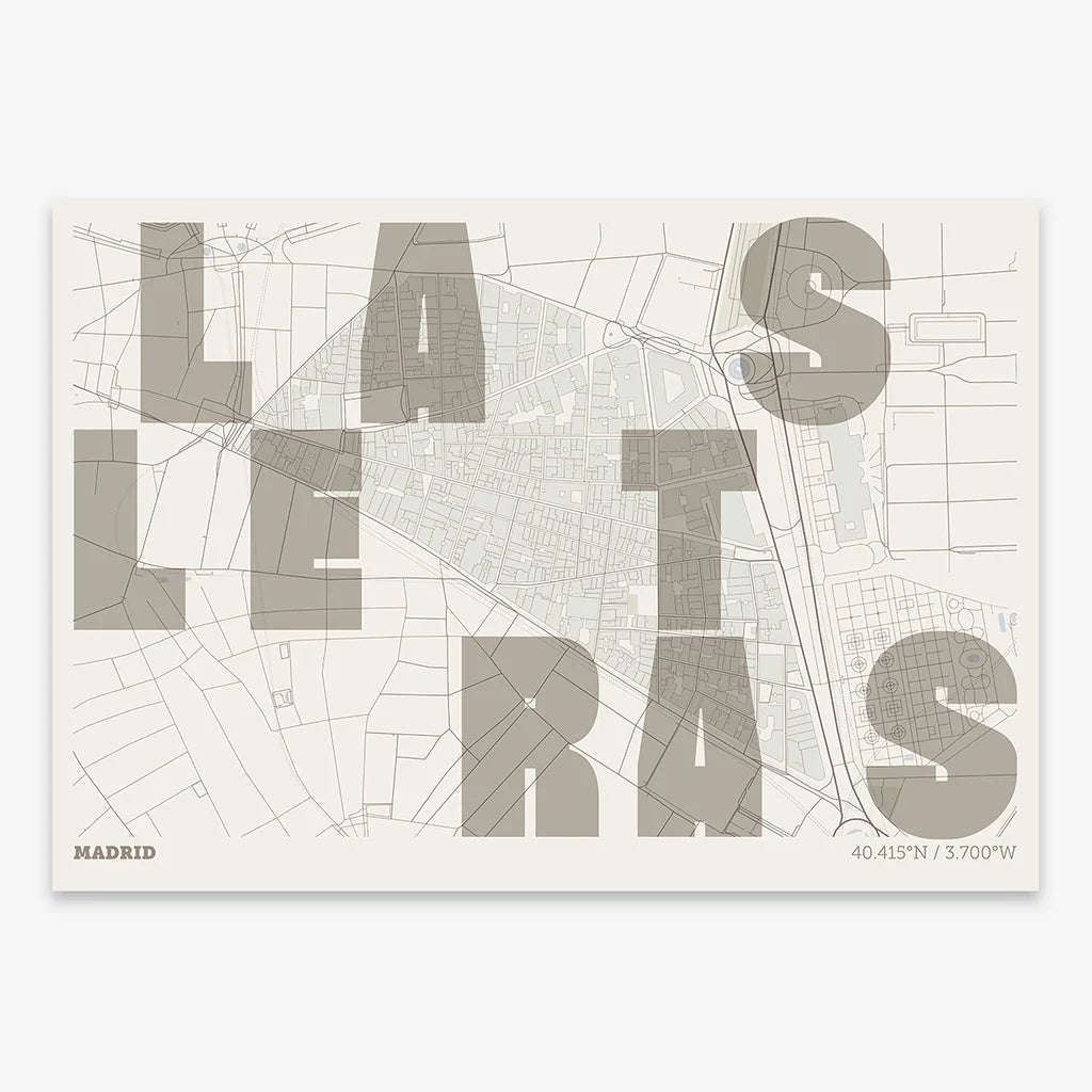 Decorative print of Madrid with letters of its name placed randomly, designed in light brown and an off-white background