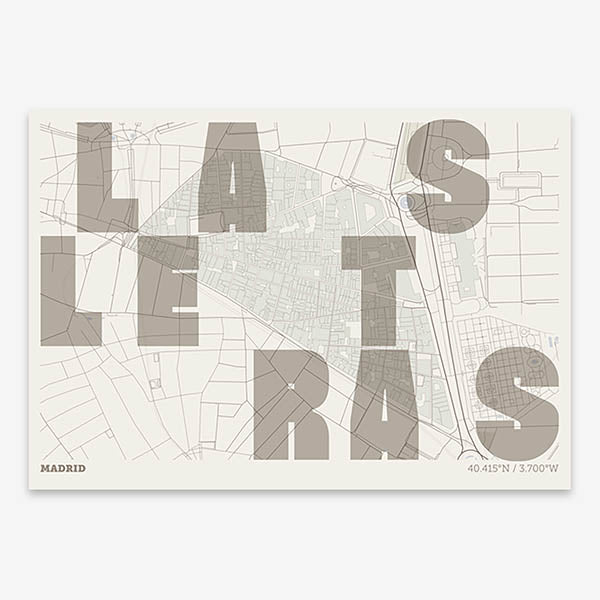 Decorative print of Madrid with letters of its name placed randomly, designed in light brown and an off-white background