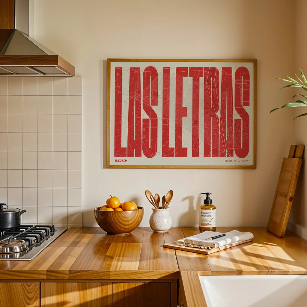 Modern interior design with a Barrio de Las Letras in Extra Compressed design, where the letters are tightly squeezed to fit the city's map shape designed in red and an off-white background, displayed on a living room wall