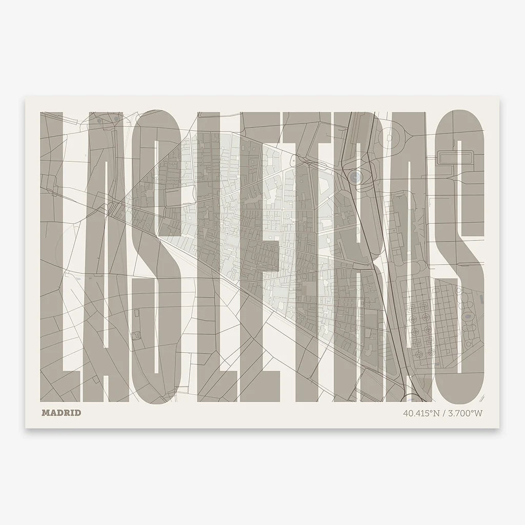 Decorative map of Madrid and letters of its name in a giclée print designed in light brown and an off-white background
