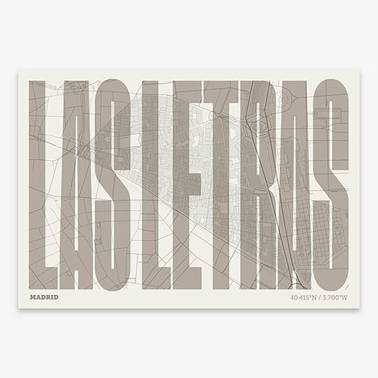 Decorative map of Madrid and letters of its name in a giclée print designed in light brown and an off-white background