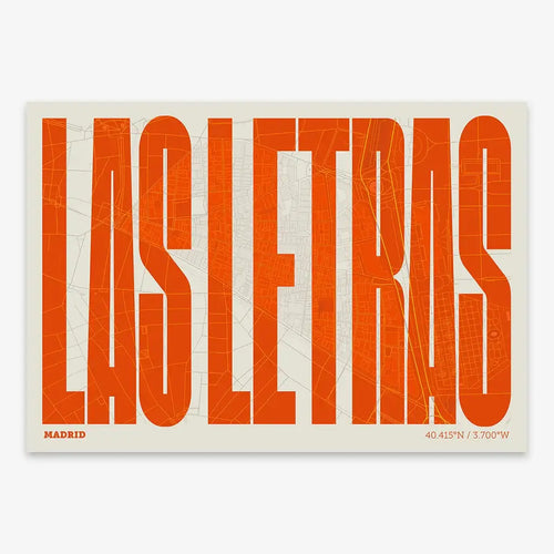 Mapa del Barrio de Las Letras, Madrid, en el diseño la Extra Comprimida, donde las letras se ajustan al ancho del mapa de la ciudad diseñado en naranja y fondo blanco roto