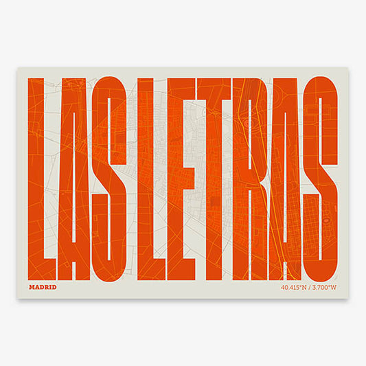 Decorative map of Madrid and letters of its name in a giclée print designed in orange and an off-white background