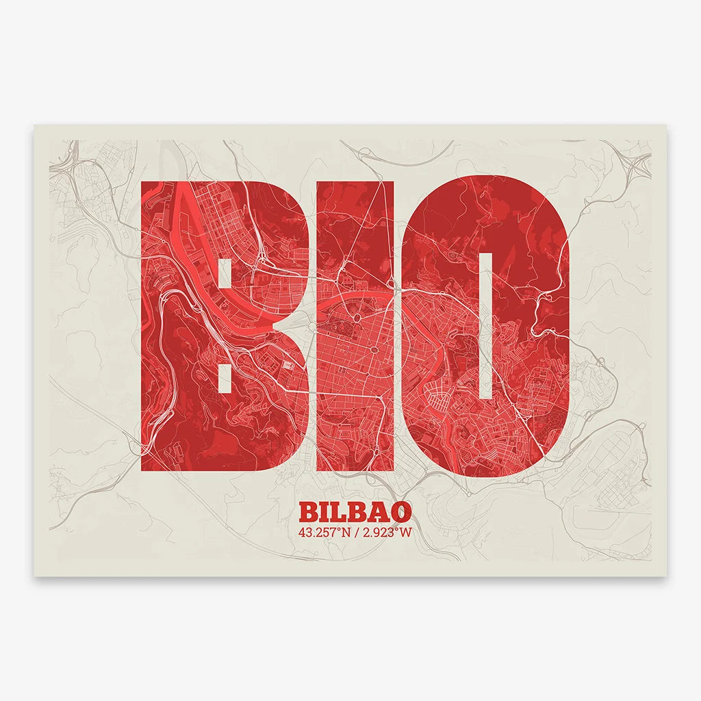 Decorative print of  composed with letters in a heavy geometric font printed on red and an off-white background