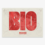 Decorative print of  composed with letters in a heavy geometric font printed on red and an off-white background