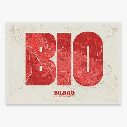 Decorative print of  composed with letters in a heavy geometric font printed on red and an off-white background