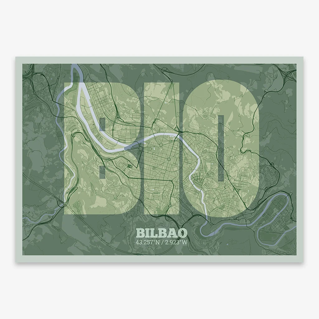 Decorative print of  composed with letters in a heavy geometric font printed on two green tones