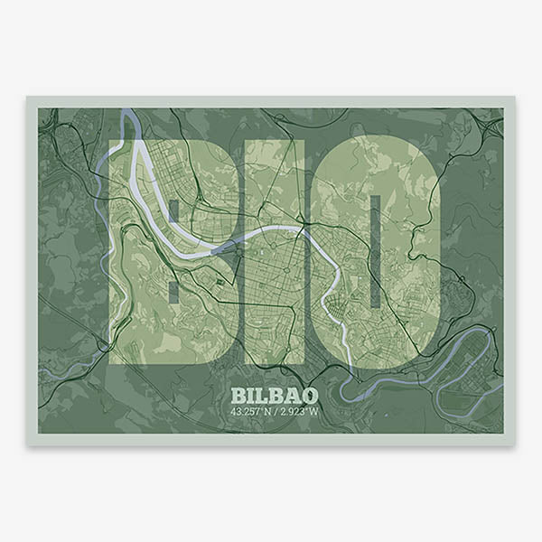 Decorative print of  composed with letters in a heavy geometric font printed on two green tones