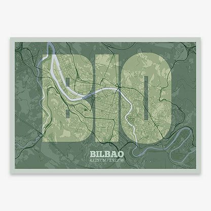 Decorative print of  composed with letters in a heavy geometric font printed on two green tones