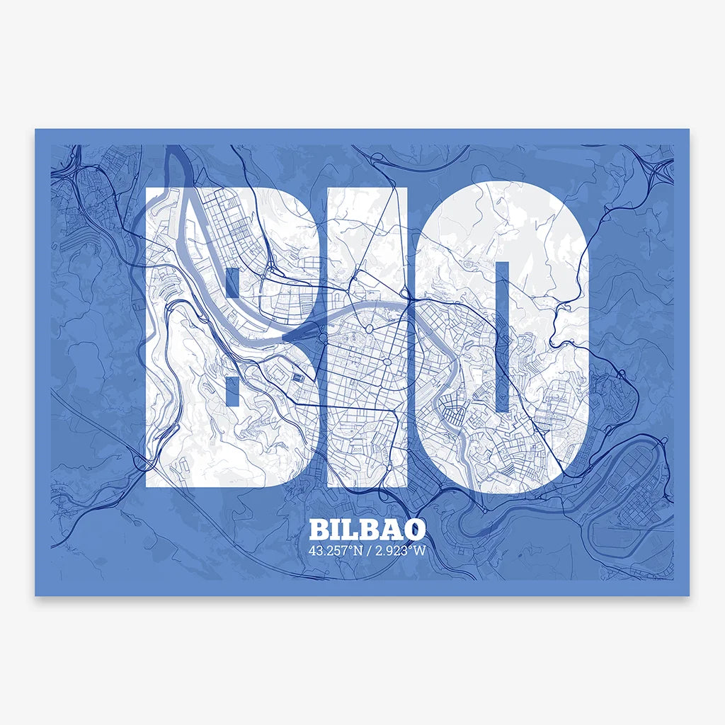 Decorative print of  composed with letters in a heavy geometric font printed on navy blue and white