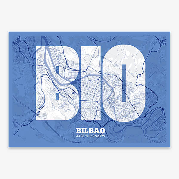 Decorative print of  composed with letters in a heavy geometric font printed on navy blue and white