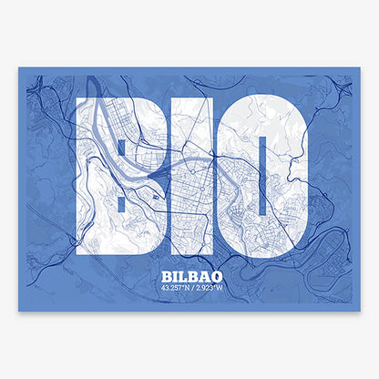 Decorative print of  composed with letters in a heavy geometric font printed on navy blue and white