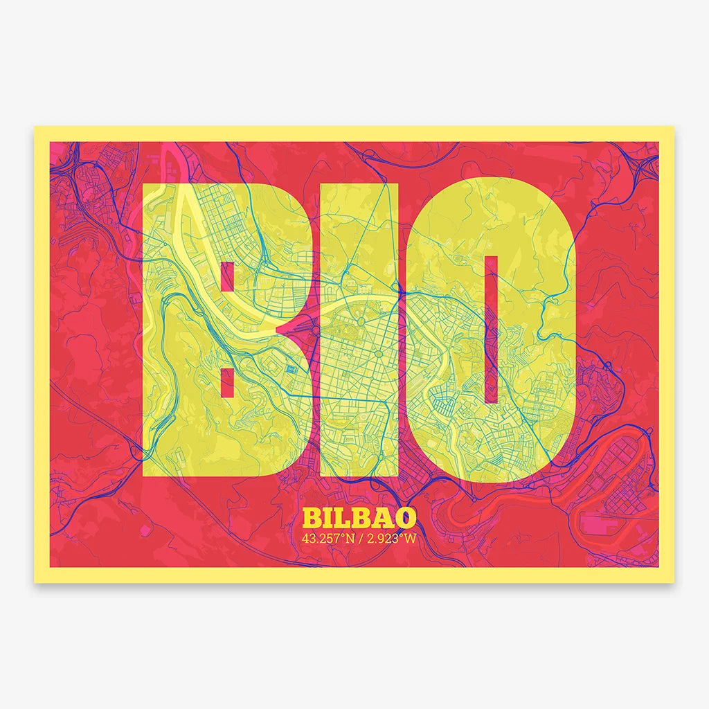 Decorative print of  composed with letters in a heavy geometric font printed on yellow and fuchsia